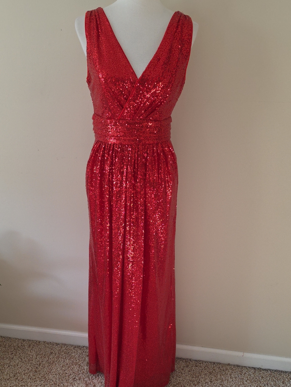 Kate Kasin Red Sequin V-Neck Evening Gown